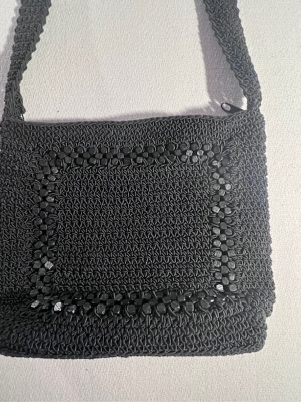Chateau stylish‎ black crochet handbag intricate bead detail durable crossbag
